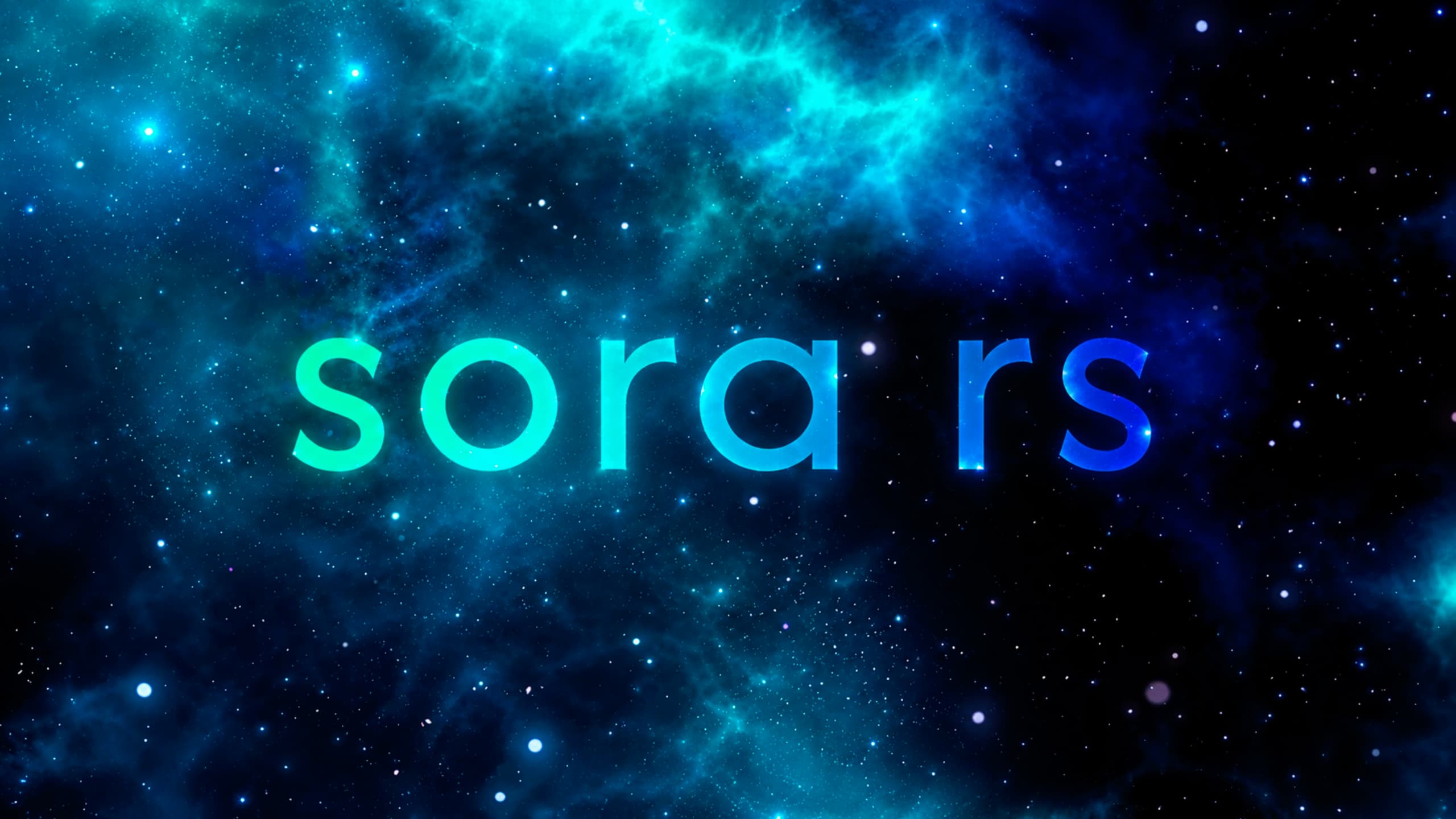 A luminous blue and teal galaxy with the sora.rs wordmark